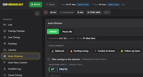 The Auto-Director armed in the control app: now on P3, car 7, for a battle at 0.402 seconds, and next on car 4, with the style presets below