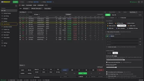 The control app connected to a sample session: Telemetry live in the title bar, the timing board, and the footer reading Connected, Mock Circuit, Race, lap 13 of 30