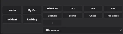The Director’s camera buttons in the control app: Leader, My Car, Incident and Exciting, the Mixed TV, TV1 to TV3, Cockpit, Scenic, Chase and Far Chase groups, and All cameras