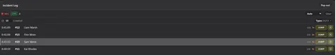 The incident log: recording live, four incidents on lap 13 for cars 12, 15, 23 and 11, each with its incident count and a Jump button