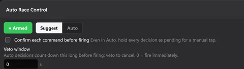 Auto Race Control armed in Suggest mode, with Confirm each command before firing and the veto window in seconds