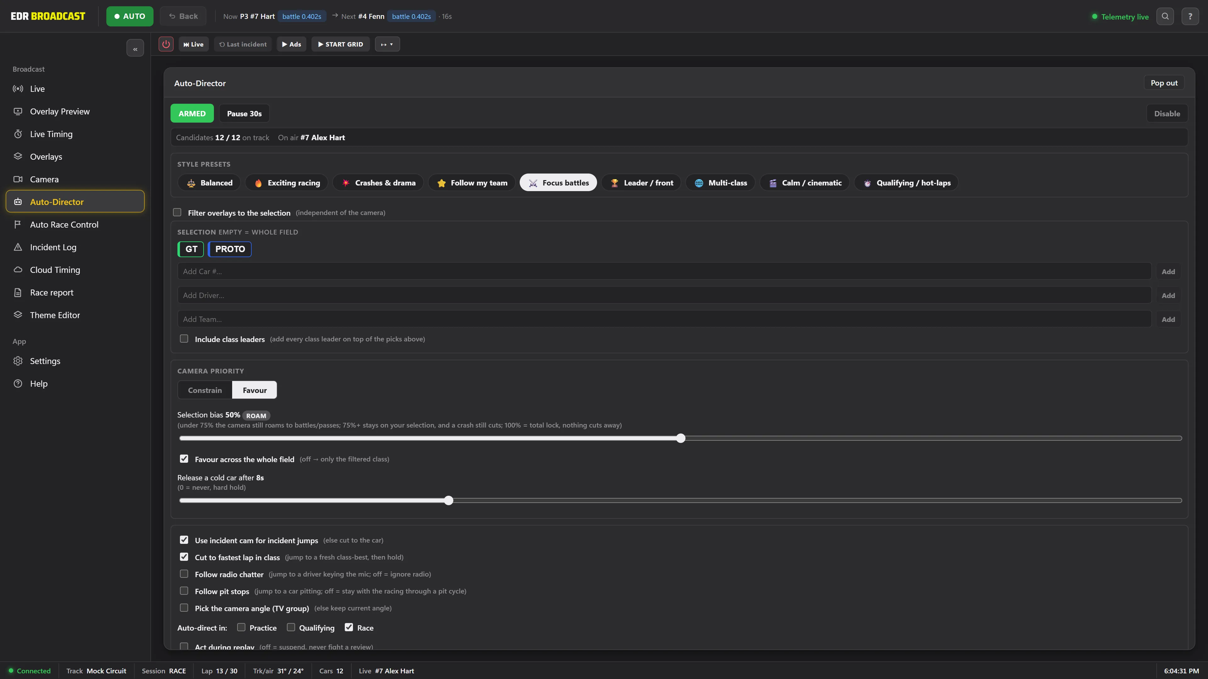 The EDR Broadcast Auto-Director panel, armed on the Focus battles preset, its camera priority settings, and the top bar showing the car on air in a battle for P3 and the car it will cut to next. Sample race data.