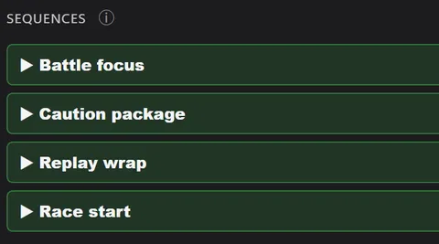 The Sequences list on the sample race: Battle focus, Caution package, Replay wrap and Race start