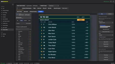 The Theme Editor canvas editing a sample league's leaderboard at Mock Circuit