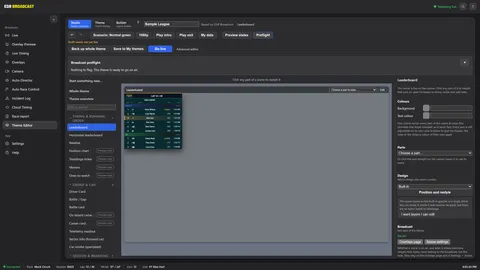The broadcast preflight in the Theme Editor reporting nothing to flag, ready to go on air, above a sample leaderboard scene