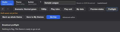 The Theme Editor on the sample league theme: Draft saved, not yet live, and Broadcast preflight with nothing to flag