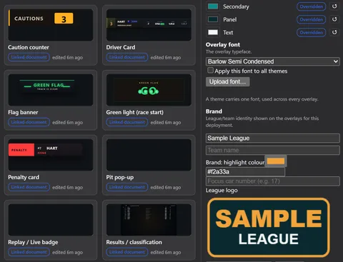 The Theme Editor for a sample league: the theme’s scenes beside its brand setup, with the colours, the overlay font, the league name, the highlight colour and a Sample League logo