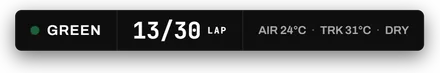 Road Course session status strip: green, lap 13 of 30, sample data